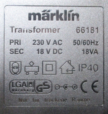 Märklin H0 66181 Leistungstrafo für Digitalzentrale 18V DC 18 VA (3727h)