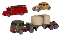 Set Wiking-Verkehrs-Modelle 87 Magirus LF 16 Feuerwehr, MB 260 D und MB LPS 333 Chemikaliensattelzug 