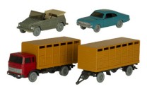 Set Wiking-Verkehrs-Modelle Nr. 89 MB Viehtransporterhängerzug, Opel Commodore Coupe und VW 181 