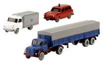 Set Wiking-Verkehrs-Modelle 91 Opel Blitz Tiefkühlwagen, Magirus Saturn Pritschensattelzug und VW 1600 Variant Feuerwehr 