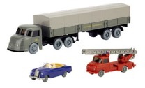 Set Wiking-Verkehrs-Modelle 98 Henschel Pritschensattelzug, Opel Blitz Drehleiter und MB 220 Cabrio 