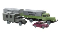 Set Wiking-Verkehrs-Modelle 97 Hanomag HD5N Pritschenlastzug, Opel Blitz - Fernmeldedienst und Porsche 356 