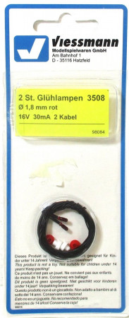 Viessmann 3508 Glühlampen 2 Stück 1,8mm rot 16V 30mA 2 Kabel OVP - NEU
