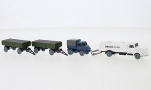 PMS H0 1/87 PMS 238983 Set Wiking-Verkehrs-Modelle 85 MB L 3500 Sprengwagen und Unimog U 402 mit zwei Anhängern  - NEU