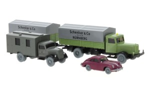 PMS H0 1/87 PMS 248022 Set Wiking-Verkehrs-Modelle 97 Hanomag HD5N Pritschenlastzug, Opel Blitz - Fernmeldedienst und Porsche 356  - NEU