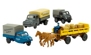 PMS H0 1/87 PMS 252853 Set Edition Deutsche Bundesbahn Nr. 9 Pferdewagen, Goli Dreirad, Unimog U401 und Ford 2500  - NEU