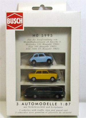 Busch H0 1/87 3 PKW-Modelle Epoche III Fiat, Mercedes, NSU - OVP (4954h)