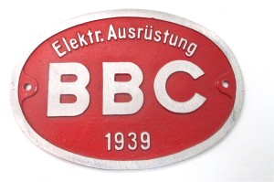 Fabrikschild Elektrische Ausrüstung BBC 1939 Guss Reprint ca 128 x 200 mm (2379L)